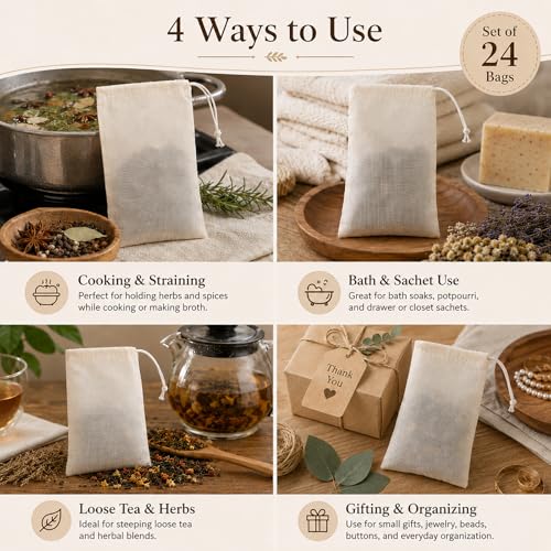 24 Pcs Spice Bags for Cooking, 4 x 6 in Cotton Muslin Bags with Drawstring, Reusable Empty Tea Bags for Loose Tea, Cheesecloth for Straining, Empty Sachet Pouches