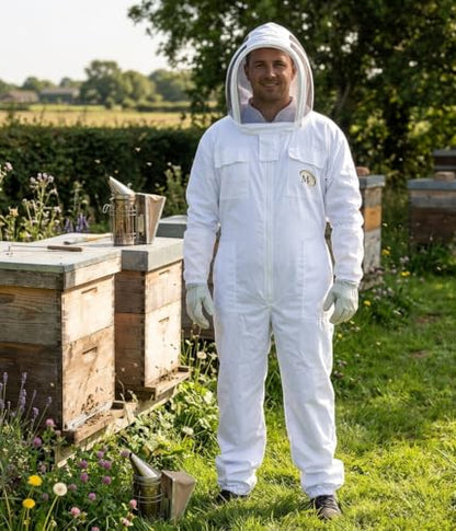 MS Premium Ventilated Cotton Beekeeping Suit with Fencing Veil & Protective Gloves – Full Body Beekeeper Suit for Men & Women - color: White, size: XX-Large