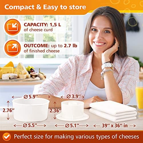 Grand Way Cheese Mold with a Follower and Cheesecloth – Cheese Making Kit – Cheesemaking Supplies – Cheese Set for Press – Reusable Cheesecloth – 100% Cotton Cloth for Straining – Paneer Maker - color: 2. Cheese Mold 2