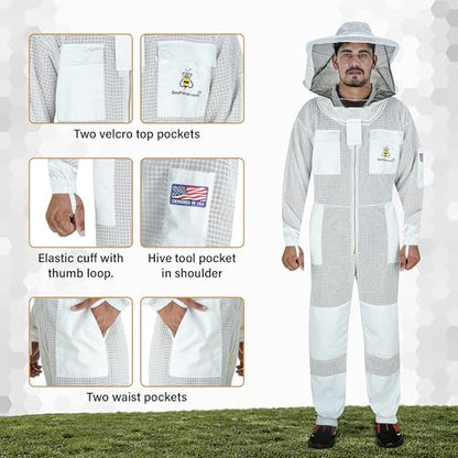 3-Layer Ultra Ventilated Mesh Beekeeping Suit for Men & Women with Veil Sting-Proof Bee Suit with Leather Gloves & Bag - color: White, size: Large