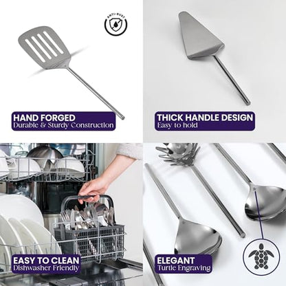 Melvvi Silver Stainless Steel Kitchen Utensils Set – 9-Piece | Non-Toxic, Stronger & Rust-Resistant Spatula, Spoons, Ladle, Slotted Turner, Pasta Server | Valentine Gifts