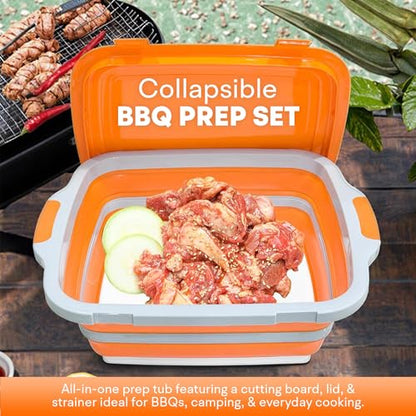 2-Pack XL 16L BBQ Prep Tub - 3-in-1 Collapsible Food Prep Tub with Cutting Board, Lid & Strainer, Marinate, Prep & Drain, Foldable Container for Outdoor Cooking, Camping, BBQ & Kitchen Use