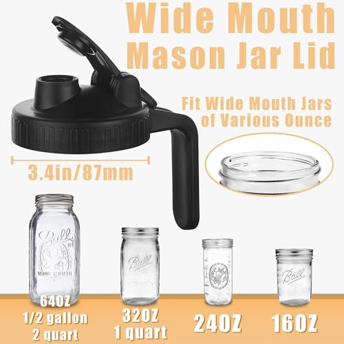 Mason Jar Pour Spout Lid for Wide Mouth Mason Jars, Leak Proof Seal Cover, Mason Jar Pitcher Flip Cap Airtight Handle Lid (Pack of 2)