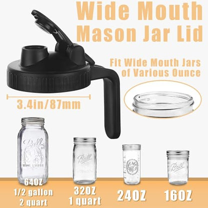 Mason Jar Pour Spout Lid for Wide Mouth Mason Jars, Leak Proof Seal Cover, Mason Jar Pitcher Flip Cap Airtight Handle Lid (Pack of 2)