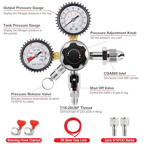 CGA580 Nitrogen Beer Regulator Nitrogen Tank Regulator, Dual Gauge Gas Regulator with 5Ft Beer Line, Nitrogen Keg Regulator with 2Pcs 5/16’’ Barbs Hose Clamps for Homebrew