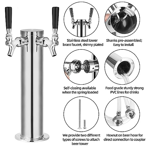 TMCRAFT Kegerator Tower Kit, Double Tap Beer Conversion Kit, Stainless Steel Beer Tower with Dual Gauge CGA-320 Regulator & D-System Keg Coupler for Bars, Pubs, and Restaurants