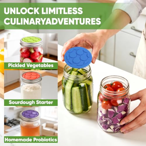 4PCS Silicone Fermentation Lids for Regular Mouth Mason Jars | One-Way Airlock Valve, Self-Burping for Sauerkraut, Sourdough Starter & Probiotics (Patented) - size: 4 PCS Regular