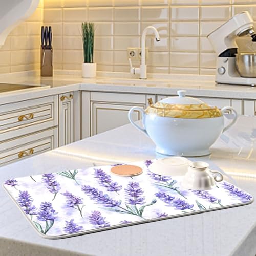 Kcldeci Lavender Flower Dish Drying Mat Kitchen Drying Pad Dish Draining Mat Dish Rack Drainer Pad 16 x 18 - color: Lavender, size: 16x18in