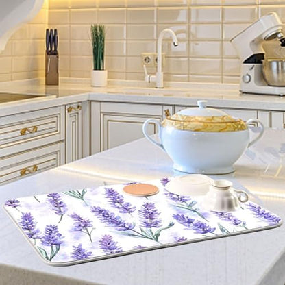 Kcldeci Lavender Flower Dish Drying Mat Kitchen Drying Pad Dish Draining Mat Dish Rack Drainer Pad 16 x 18 - color: Lavender, size: 16x18in