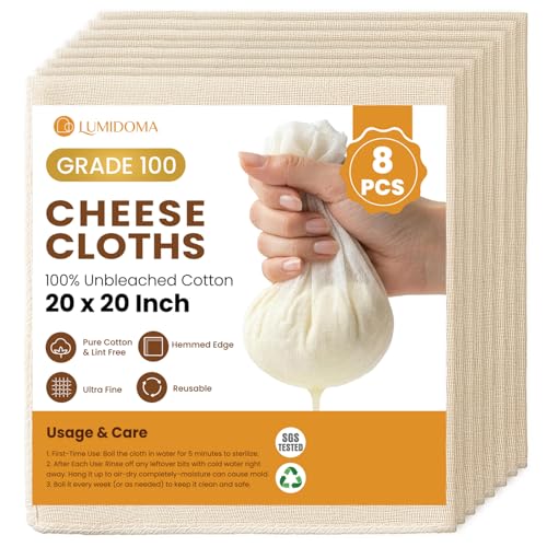 8Pcs Unbleached Cheese Cloths 20x20 Inch, Grade 100 Hemmed Cheesecloth, Reusable Cheese Cloth Bag for Straining, Muslin Fabric Strainer for Baking, Yogurt, Cheese Making and Crafts