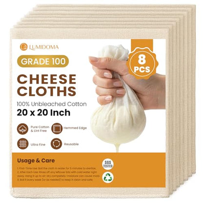 8Pcs Unbleached Cheese Cloths 20x20 Inch, Grade 100 Hemmed Cheesecloth, Reusable Cheese Cloth Bag for Straining, Muslin Fabric Strainer for Baking, Yogurt, Cheese Making and Crafts