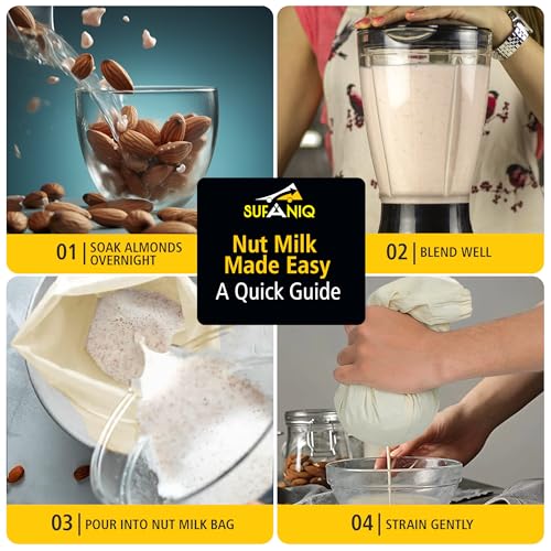 SUFANIQ Nut Milk Bag - 4 Bags (12 x 12 Inch) 100% Unbleached Cotton Cheese Cloth Bag for Straining, Premium Nut Milk Bag Reusable, Nut Bag Strainer for Almond, Soy, Oat Milk, Juices, Cheese Making - size: 12x12 / 4 pieces