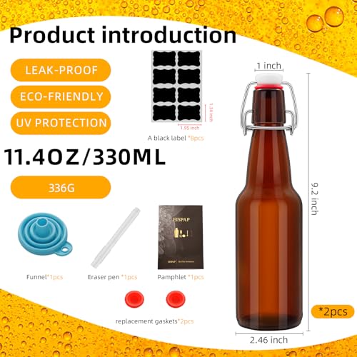 2Pcs Amber Beer Bottles with Flip Caps, 12oz Glass Bottle with Swinging Top for Airtight Lids, Home Brewing and Fermentation Kombucha, Vanilla Extract, Beverage, Water, Kefir