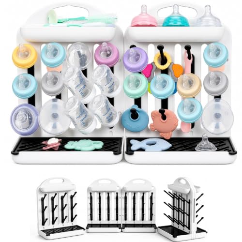 Baby Bottle Drying Rack 2 Pack, 24-Hook Modular Vertical Bottle Drying Rack for Baby Bottles, Pump Parts and Pacifiers, Space Saving Countertop Baby Bottle Organizer with Stable Base and Drip Trays