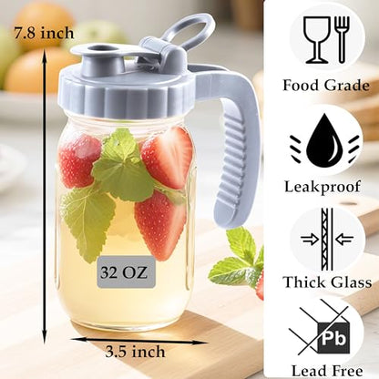 32 Oz Glass Mason Jar Pitchers With Pour Lid 1 Quart Wide Mouth Breast milk Storage Jug Container For Fridge Coffee Creamer Iced Sun Tea Juices Lemonade Airtight - color: 32 OZ