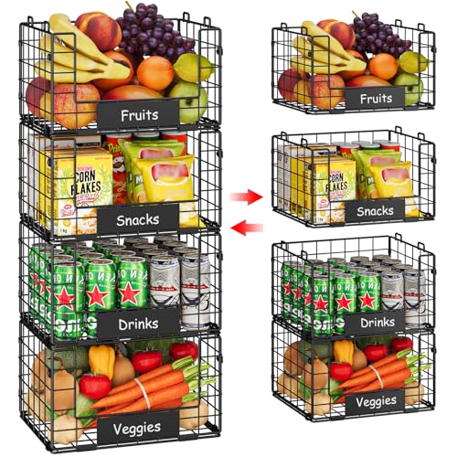 JKsmart 4 Pack XL Stackable Wire Baskets, Pantry Organizers and Storage with Name Plates, Muti-Purpose for Snack Organizer & Vegetable Basket & Fruit Basket - size: XL-12.2"x9.85"x28.65"