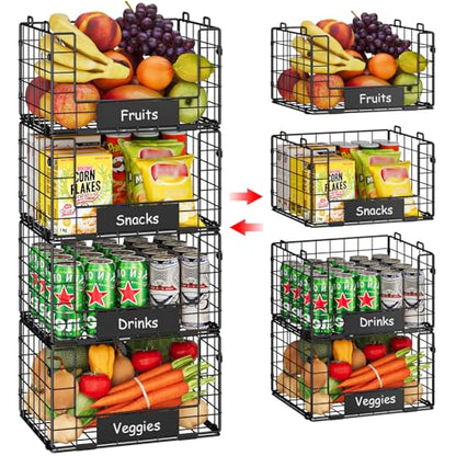 JKsmart 4 Pack XL Stackable Wire Baskets, Pantry Organizers and Storage with Name Plates, Muti-Purpose for Snack Organizer & Vegetable Basket & Fruit Basket - size: XL-12.2"x9.85"x28.65"