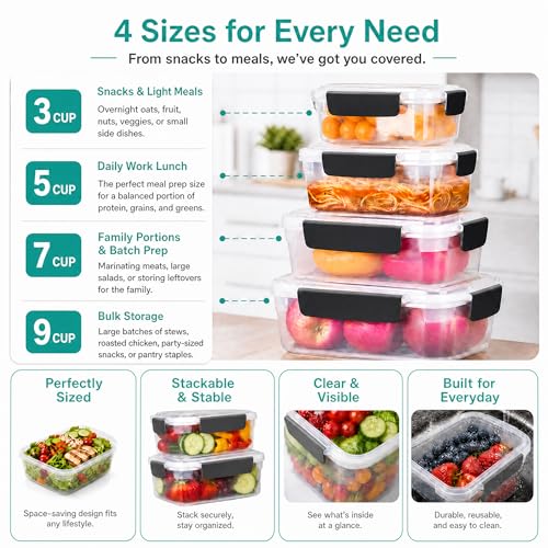 YORY 5cup Plastic Food Storage Containers With Lids For Lunch Meal Prep,5pk | BPA free,Stackable and Nestable,Snaplock Lid ,Freezer Dishwasher Microwave Safe - size: 5 cups