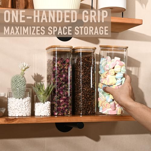 D2scrma 64oz Rectangle Airtight Glass Storage Containers with Bamboo Lids (Set of 3), Square Food Storage Jar, Pantry Organizers for Cereal, Flour, Pasta and Coffee beans (‎with Black Lable)