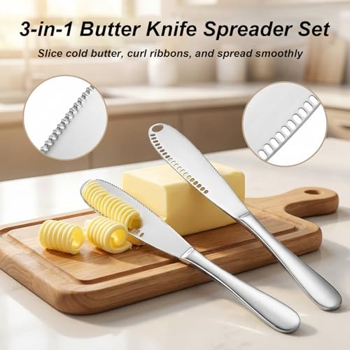 2PCS Upgraded 3-in-1 Butter Knife Spreader and Curler,Professional Stainless Steel Butter Grater for Cold Butter, 8.07 Inch Butter Slicer with Holes for Bread Cheese Jam, Silver