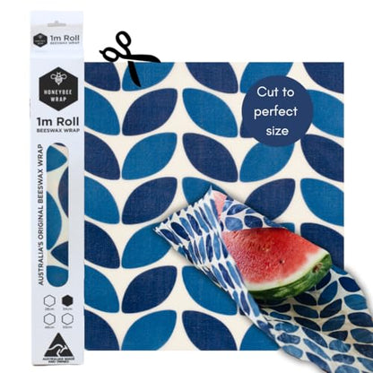 Honeybee Beeswax Wraps - Blue Leaf Pattern Beeswax Roll -Certified Organic Cotton Beeswax Wrap - Reusable Beeswax Wraps for Food - Plastic Wrap & Sandwich Bags Alternative - 40’’ x 13’’ - color: Blue Leaf