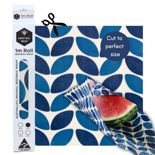 Honeybee Beeswax Wraps - Blue Leaf Pattern Beeswax Roll -Certified Organic Cotton Beeswax Wrap - Reusable Beeswax Wraps for Food - Plastic Wrap & Sandwich Bags Alternative - 40’’ x 13’’ - color: Blue Leaf