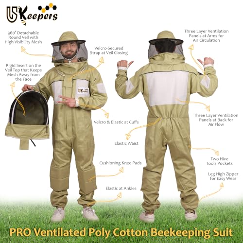 Ultra-Ventilated Polycotton Beekeeping Suit for Men & Women with Gloves & Two Beekeeping Veils-Professional & Beginner Apiarist Suit. (Olive,M) - color: Olive, size: Medium