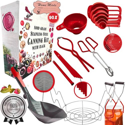Supa Ant Complete Canning Supplies Starter Kit – 10pc Food-Grade Steel Set with XL Ladle, 6 Measuring Cups, Jar Lifter, Funnel, Canning Rack (7-Jar Capacity) & 90 Labels – Beginner-Friendly, Red - color: Red