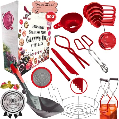 Supa Ant Complete Canning Supplies Starter Kit – 10pc Food-Grade Steel Set with XL Ladle, 6 Measuring Cups, Jar Lifter, Funnel, Canning Rack (7-Jar Capacity) & 90 Labels – Beginner-Friendly, Red - color: Red