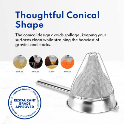 New Star Foodservice Reinforced Bouillon Strainer, 8-Inch, Fine Mesh, 18/8 Stainless Steel, Commercial Kitchen Strainer for Stocks, Sauces, Soups, and Purees - size: 8-Inch