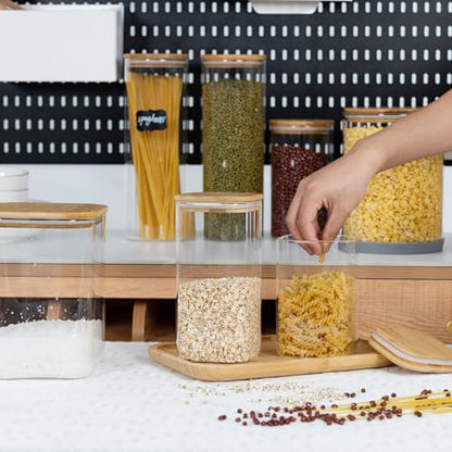 D2scrma 50oz Airtight Glass Square Storage Canister with Bamboo Lid Set of 3 (1500ml) Container Stackable Spice Jar, Kitchen Canister for Flour, Cookies, Cereal and Coffee beans (‎with Black Lable) - size: 50oz*3