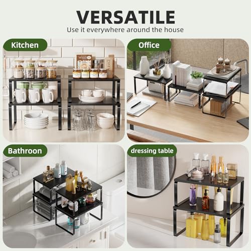 Simple Trending Cabinet Organizer Shelf, Set of 2 Stackable Kitchen Counter Shelves, Expandable Spice Rack Kitchen Storage Riser, Metal Engineered Wood, Black - color: Black