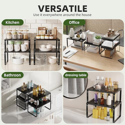 Simple Trending Cabinet Organizer Shelf, Set of 2 Stackable Kitchen Counter Shelves, Expandable Spice Rack Kitchen Storage Riser, Metal Engineered Wood, Black - color: Black