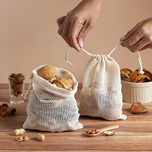 PALTERWEAR 100 Percent Natural Cotton Double Drawstring Mesh Bag For Herbs, Nuts, Spices (5 x 7 Inch - Set of 5) - size: 5 x 7 Inch - Set of 5