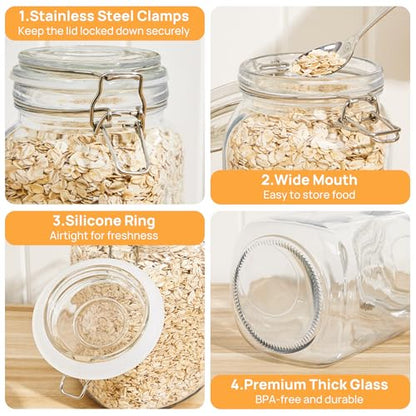 CHEFSTORY 50oz Airtight Glass Jars with Lids, 3 PCS Food Storage Canister for Kitchen & Pantry Organization, Square Mason Jar Containers for Storing Sugar, Flour, Cereal,Coffee,Cookies