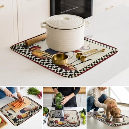 Dish Drying Mat for Kitchen Counter, Chef with Cheese Absorbent Dish Mats Foldable Microfiber Drainer Pad 1PCS 18"x24", Wine Bottle Black Plaid Frame Plate Holder Mat for Countertop Sink Decor - size: 1PCS-18x24in