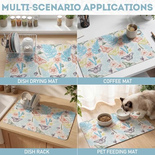 LemonRoad Dish Drying Mat for Kitchen Counter, 12"x20" Absorbent Coffee Bar Mat with Plant Butterflies Design, Fast-dry Diatomite Drainer Drying Mats with Non-slip Backing for Kitchen Sink Countertop - style: Plant Butterflies