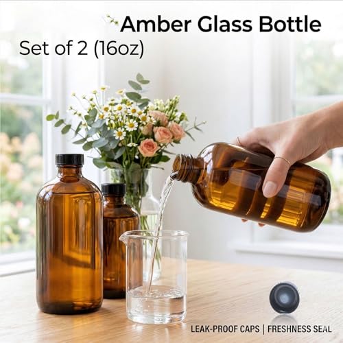 16oz Amber Glass Bottles 2 pack with Lids& Stainless Steel Funnels,Refillable Boston Brown Round,Dispensing for Homemade Vanilla Extract,Oils,Herbal Medicine,Ginger Shots