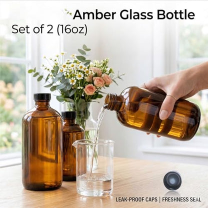 16oz Amber Glass Bottles 2 pack with Lids& Stainless Steel Funnels,Refillable Boston Brown Round,Dispensing for Homemade Vanilla Extract,Oils,Herbal Medicine,Ginger Shots
