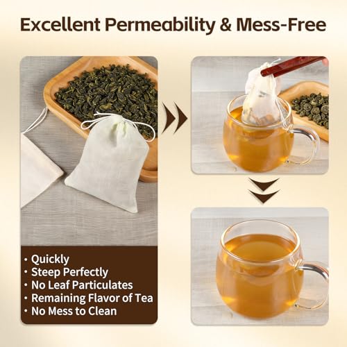 20 Pack Reusable Tea Bags, Natural Unbleached Muslin Bags with Drawstring, Spice Bags for Cooking, Loose Leaf Tea, Herbs & Coffee, Fine Mesh Filter Bags (3 x 4 in)