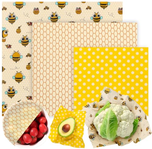 Reusable Beeswax Food Wraps Set - 3 Pack (S,M,L) for Bread, Sandwiches, Cheese & Bowl Covers | Food Storage | Organic, Zero Waste, Plastic and Silicone Free - color: 3 Pack - Golden Meadow