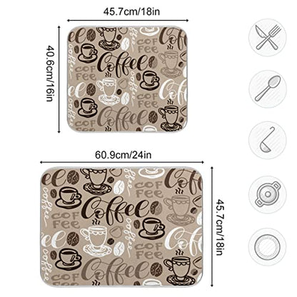 Brown Coffee Dish Drying Mat - 16 x 18 Inch Reversible Microfiber Kitchen Mat with High Absorbency - color: coffee theme, size: 16" x 18"