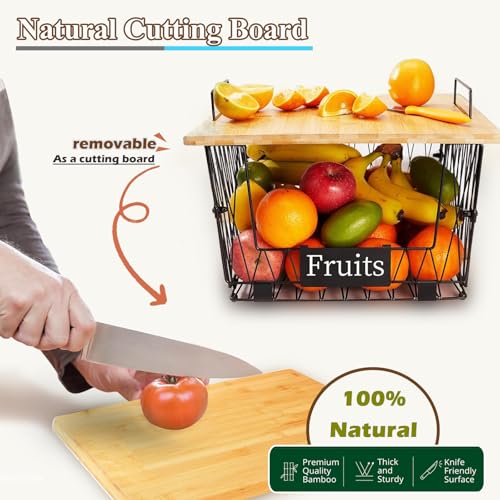 【XXL Big Size】1 Pack Stackable Wire Storage Baskets with Bamboo Lid- Pantry Cabinet Organization, Kitchen Counter Basket for Fruit Vegetable -Large Metal Bin for Pantry Organization and Storage, Black - size: 1 PACK