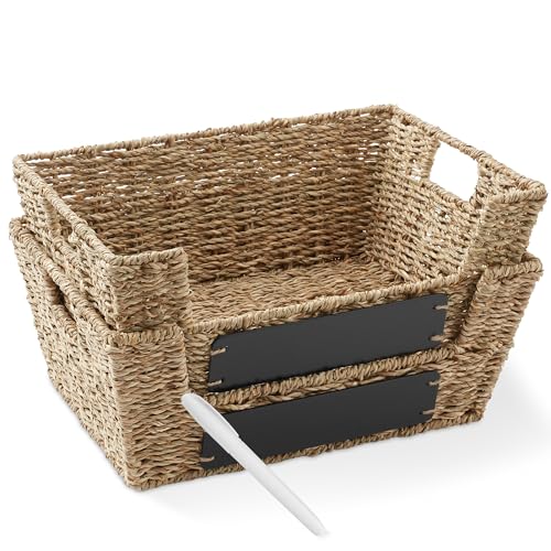 Casafield Set of 2 Seagrass Pantry Baskets with Handles, Chalkboard Labels and Marker - Natural, Wide Woven Storage Bin Organizers for Kitchen Shelves - color: Natural - Seagrass