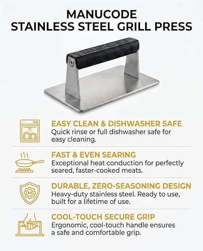 Stainless Steel Burger Smasher 2.50 LB 8x4.25 Inch Steak Weight for Smash Burgers, Bacon, Sandwiches | Dishwasher Safe, Preheatable Protein Press with Silicone Handle | Commercial BBQ Tool - size: 8 x 4.25"
