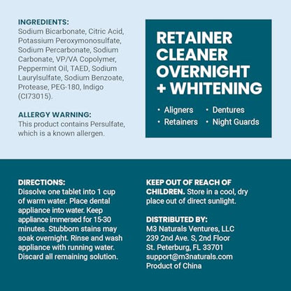 Overnight + Whitening Retainer Cleaner, Remove Stains, Discoloration, and Plaque | 4 Month Supply | Denture Cleanser with Whitening Boost,120 Tablets by M3 - size: Overnight Whitening (120 Count)
