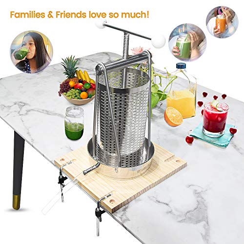 SQUEEZE master Fruit Wine Tincture Herb Cheese Manual Tabletop Press making Apple Cider-1.32Gallon/ 5 Litre- all-in-one Stainless Steel-Labor-saving Handle Bar-for Juice,Nut Milk Olive Oil