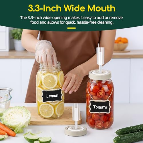 64oz Fermentation Jar Kit with Date-Tracking Lid Airlock Seal and Fermenting Weights, Wide Mouth Glass Jars with Scale Mark for Making and Storing Sauerkraut, Pickles (Pack of 2)