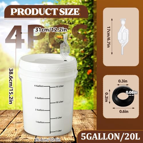 Ziliny 4 Pcs White 5 Gallon Fermentation Bucket with Twin Bubble Airlock Grommets Lid Brewing Wine Fermenter Fermentation Kit for Home Beer Wine Mead Other Fermented Beverage - size: 5 Gallon