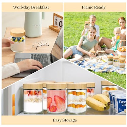 TBWIND 12 Pack 16oz Glass Jars with Bamboo Lids, Spoons, Airtight Overnight Oats Containers, Salad& Yogurt Storage, Mason Jars for Snacks, Spices, Meal Prep – Reusable